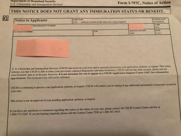 指紋採取免除の移民局からの通知